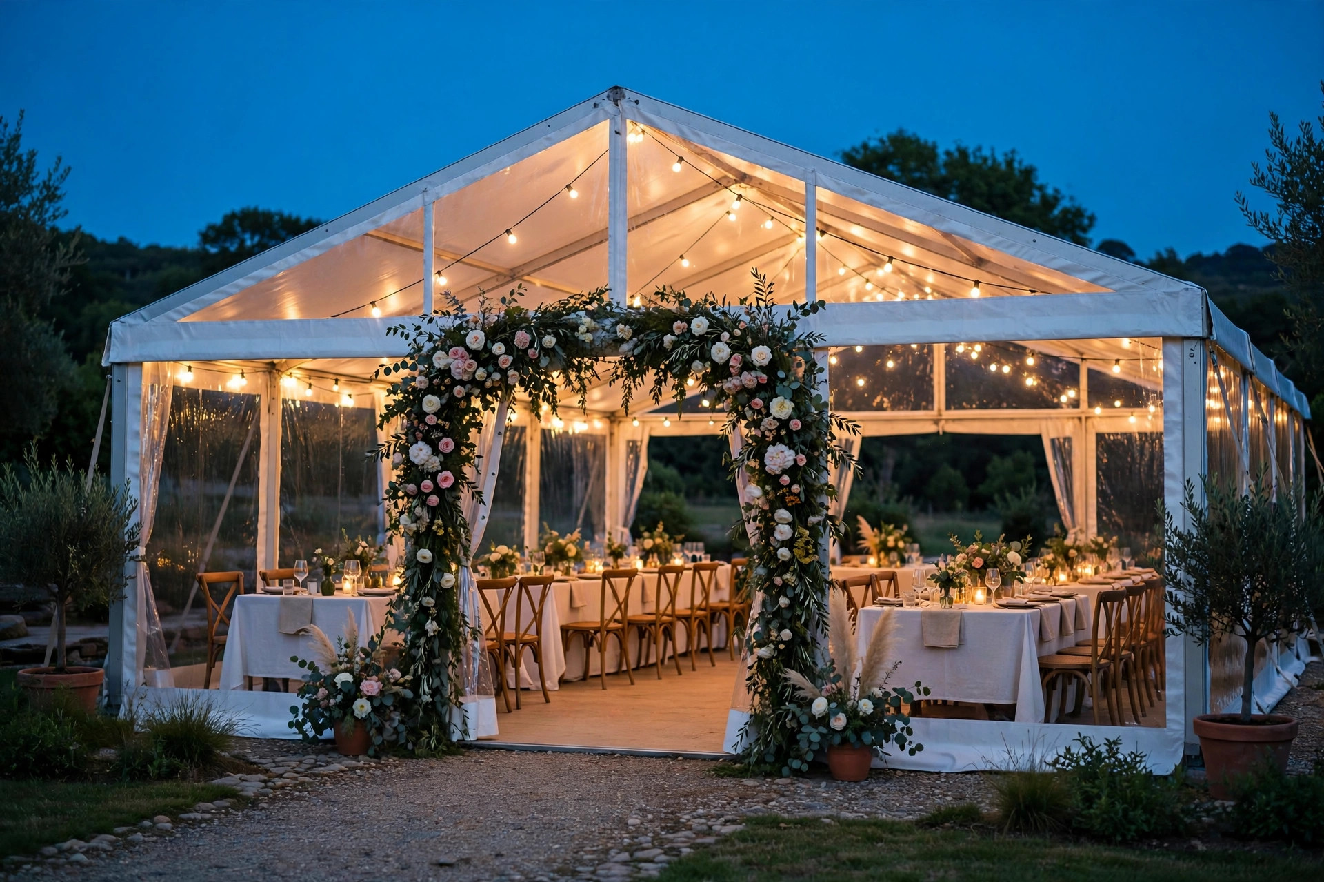 20 by 40 frame tent wedding reception at dusk